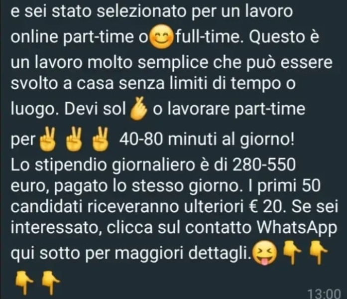 Attenzione al messaggio truffa che offre lavoro su whatsapp - Foto