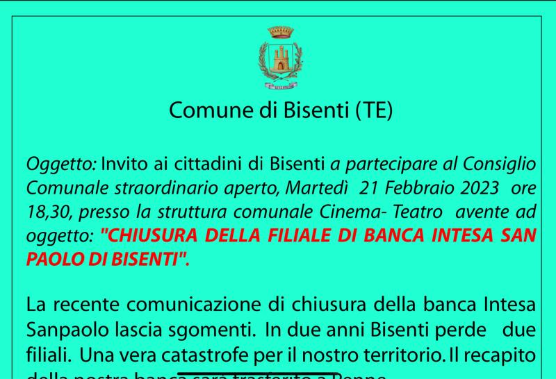 Bisenti. Indetto un consiglio comunale straordinario per la chiusura della banca - Foto