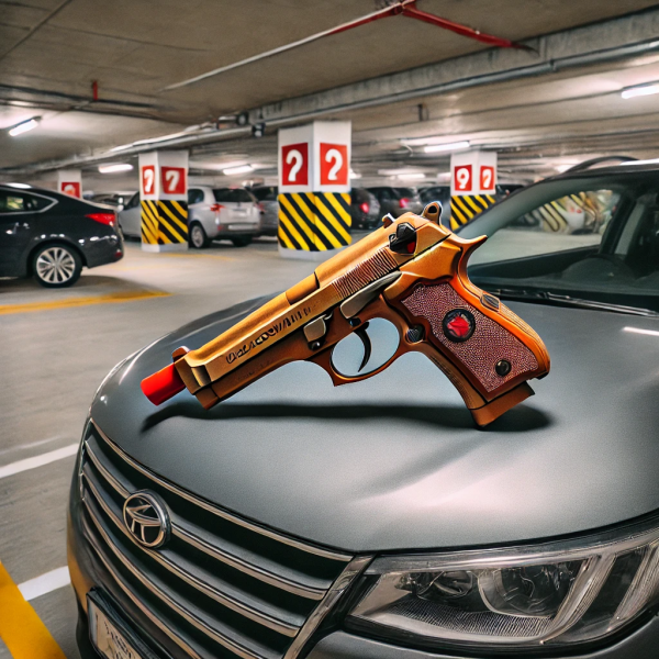 Trovata scacciacani sul tettuccio di un'auto parcheggiata al centro commerciale Gran Sasso - Foto